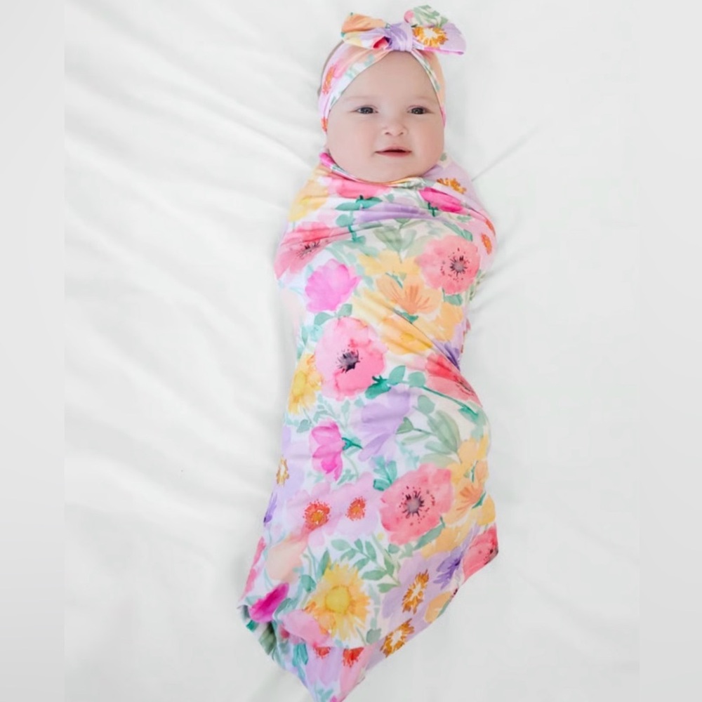 Watercolor Meadow Little Sleepies Swaddle & Bow